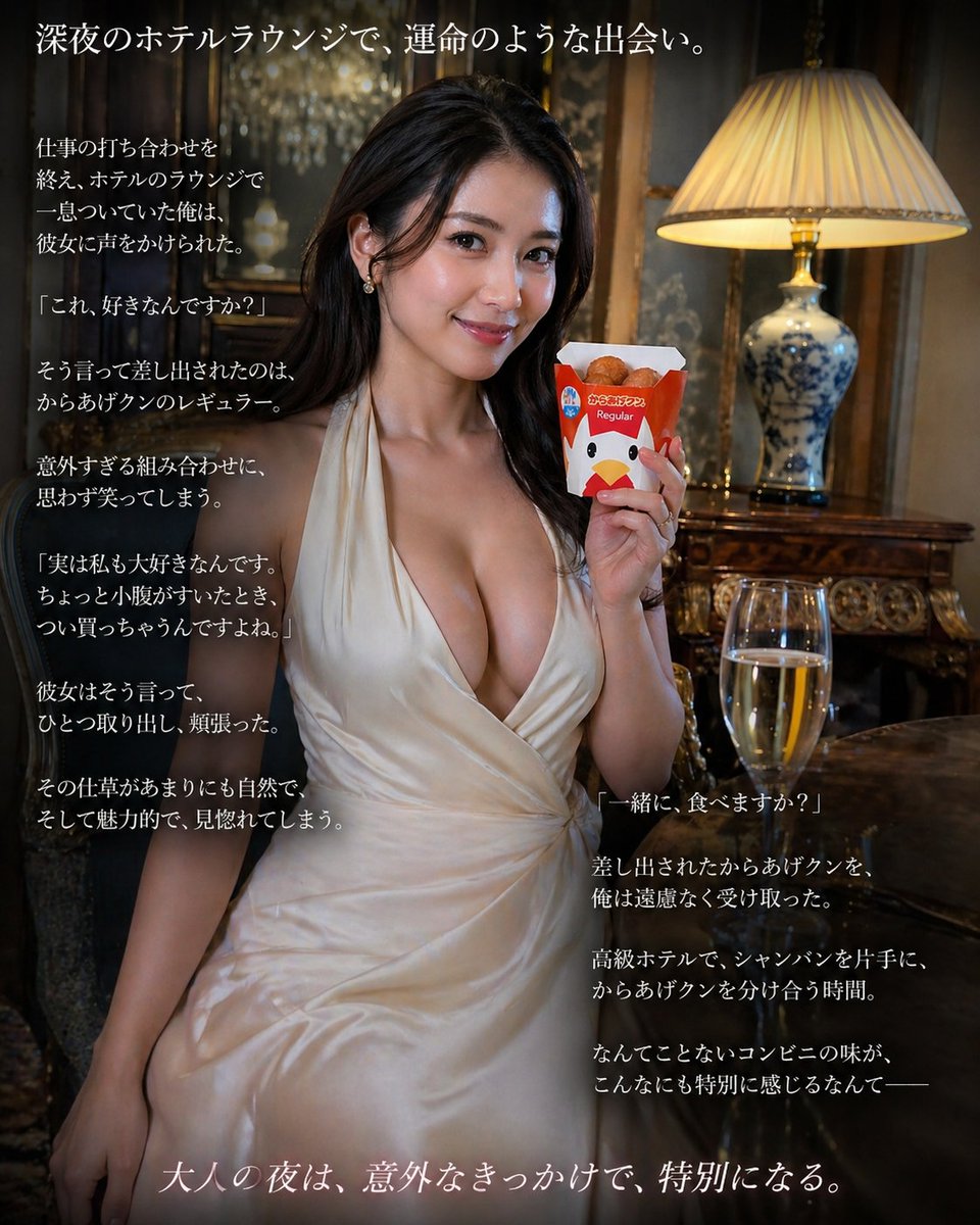 Cinematic Hotel Lounge Portrait Qwen Image 프롬프트 예시: A realistic, cinematic prompt depicting a woman in a luxury hotel lounge offering fried chicken.