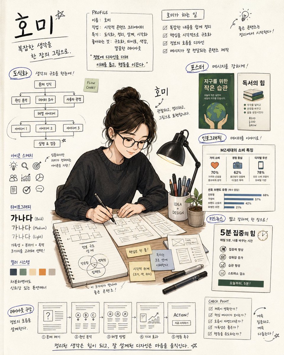Handwritten Note Style Illustration Qwen Image 프롬프트 예시: A prompt for generating a character illustration of a creative person in a natural handwritten note style.
