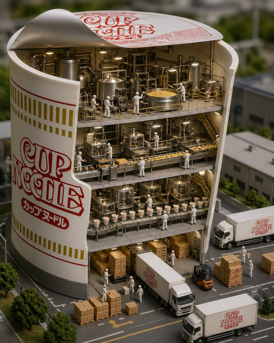 Cup Noodle Factory Cross-Section Diorama のQwen Imageプロンプト例: A highly detailed architectural and industrial diorama prompt showing the inner workings of a cup noodle factory with...