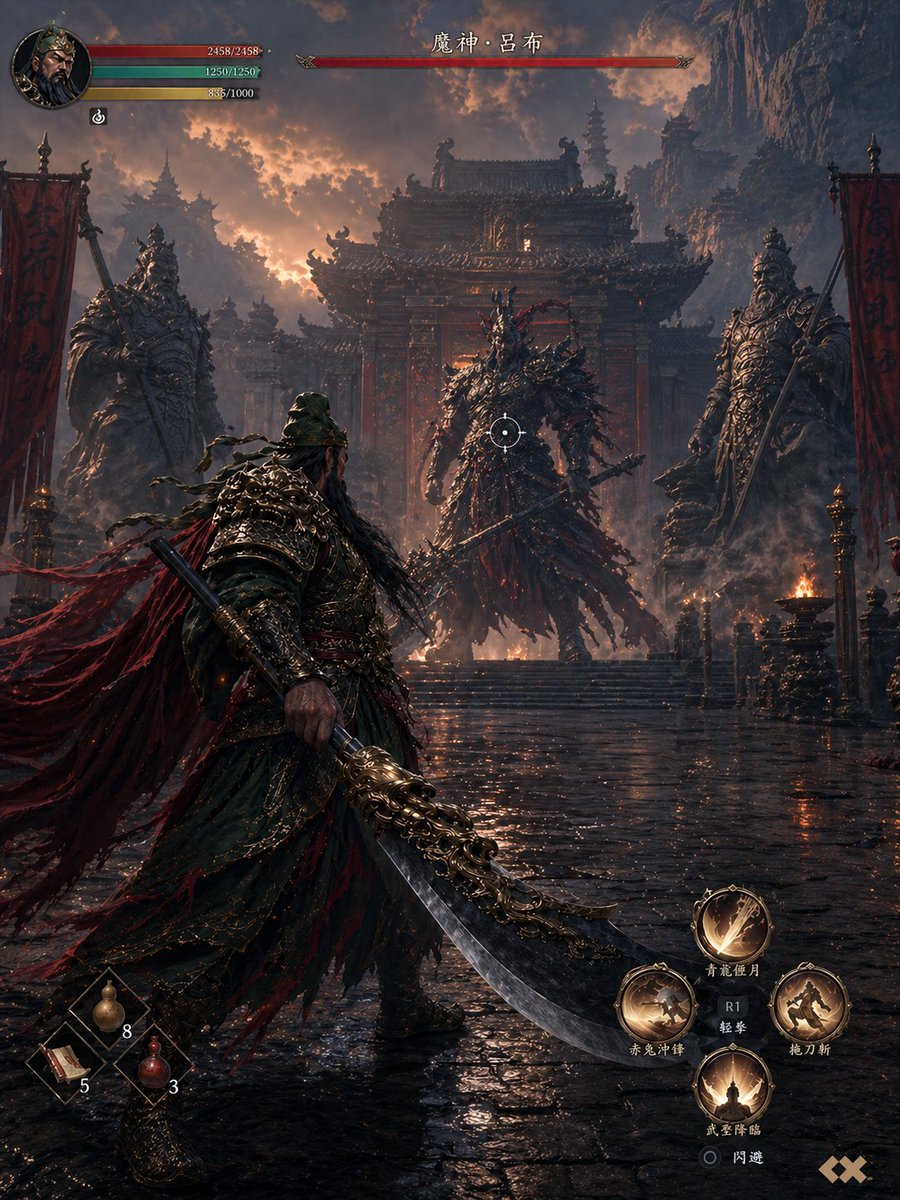 Black Myth Style Guan Yu のQwen Imageプロンプト例 バリエーション 2: A prompt for a stylized, dark-fantasy depiction of the historical figure Guan Yu in the style of 'Black Myth'.