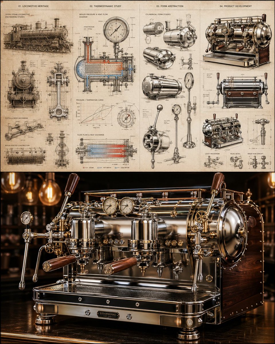 Locomotive-Inspired Espresso Machine Design GPT Image 2 prompt example: A detailed prompt for creating a high-end commercial espresso machine with a retro-futuristic aesthetic...