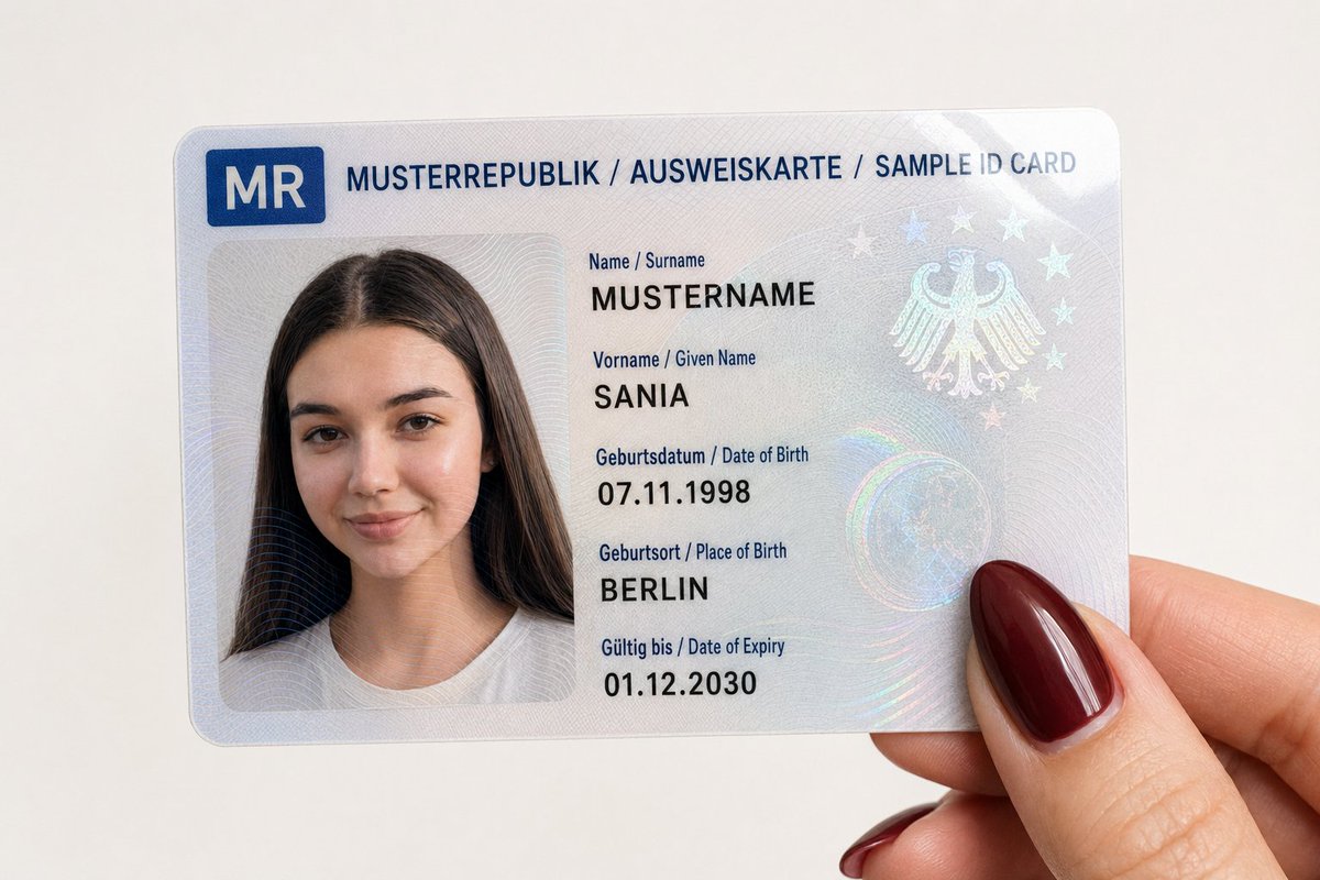 Personalized Sample ID Card Generation GPT Image 2 prompt example: A structured JSON prompt for generating a realistic close-up of a hand holding a fictitious sample ID card,...