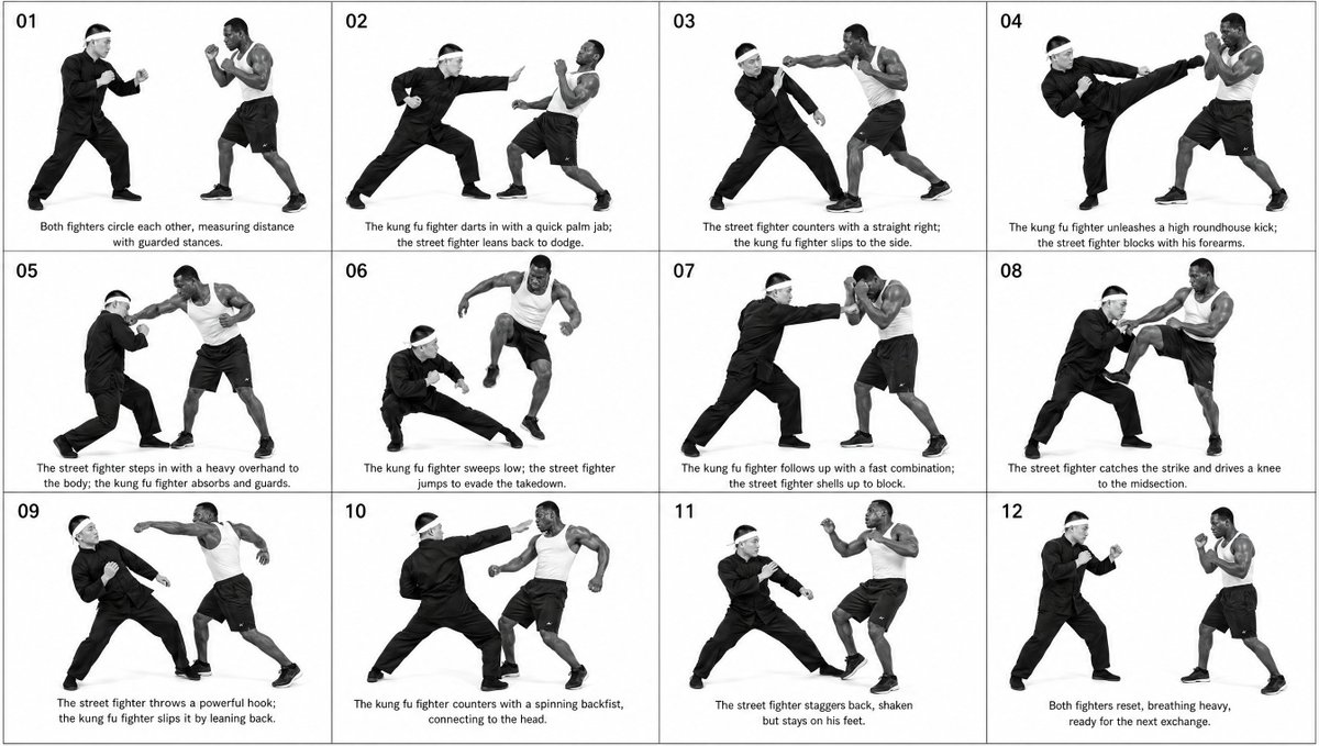 12-Panel Martial Arts Storyboard Qwen Image prompt example: Generates a monochrome 12-frame fight storyboard sheet useful for stunt previs, action planning, and cinematic...