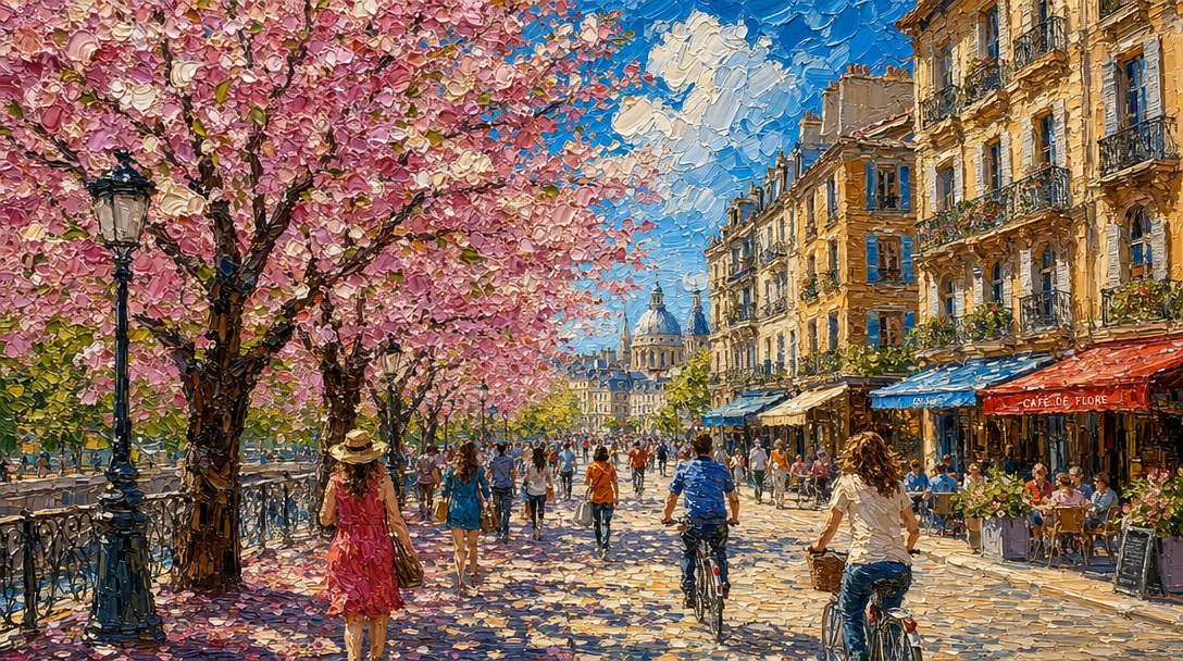 Impasto Spring Paris Boulevard GPT Image 2 prompt example: A vibrant painterly Paris street scene with cherry blossoms, cafés, cyclists, and warm spring sunlight, ideal for...