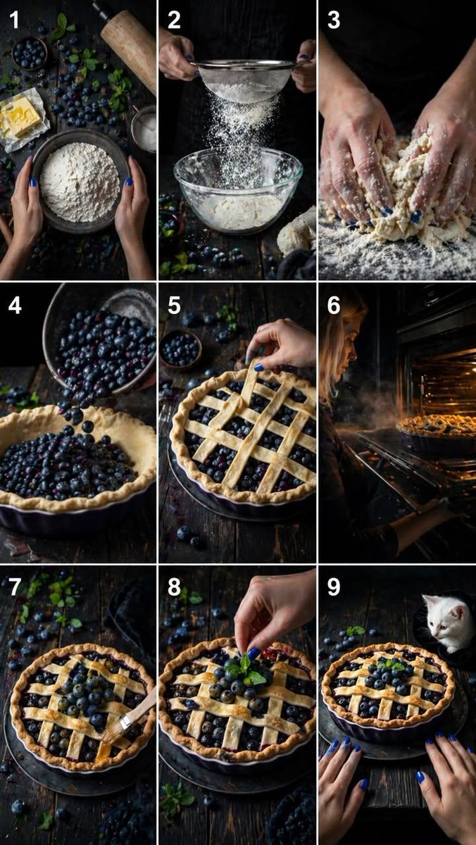 9-Step Rustic Blueberry Pie Collage のQwen Imageプロンプト例: This prompt generates a moody 3x3 editorial food-photography collage showing nine numbered stages of making a rustic...