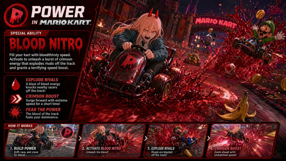Power in Mario Kart Poster 的 Qwen Image 提示词示例图：A cinematic parody game poster showing an anime demon girl as a Mario Kart racer with a custom blood-powered ability, ideal for...