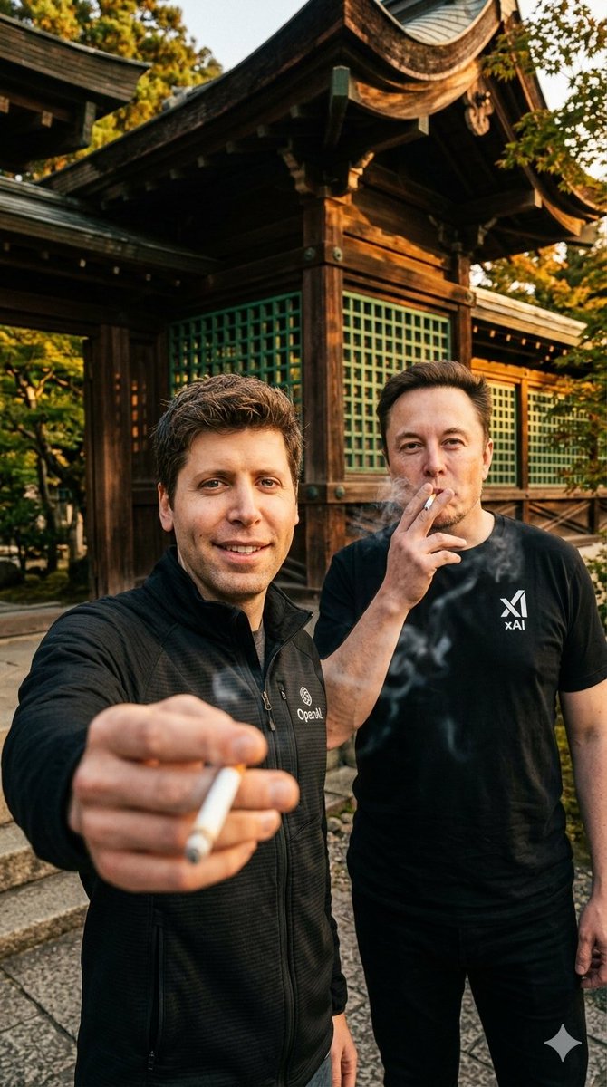 Cinematic Tech Leaders Smoking Portrait Qwen Image 프롬프트 예시 변형 2: This prompt generates a dramatic vertical golden-hour portrait of two well-known tech figures in branded black...