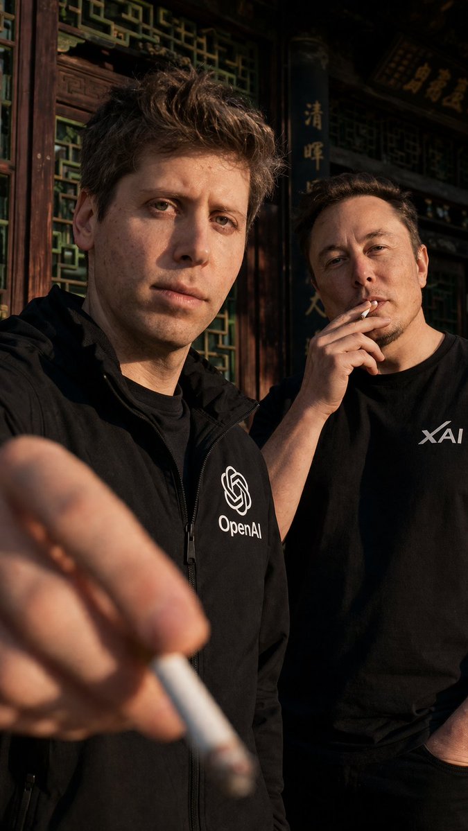 Cinematic Tech Leaders Smoking Portrait Qwen Image 프롬프트 예시: This prompt generates a dramatic vertical golden-hour portrait of two well-known tech figures in branded black...