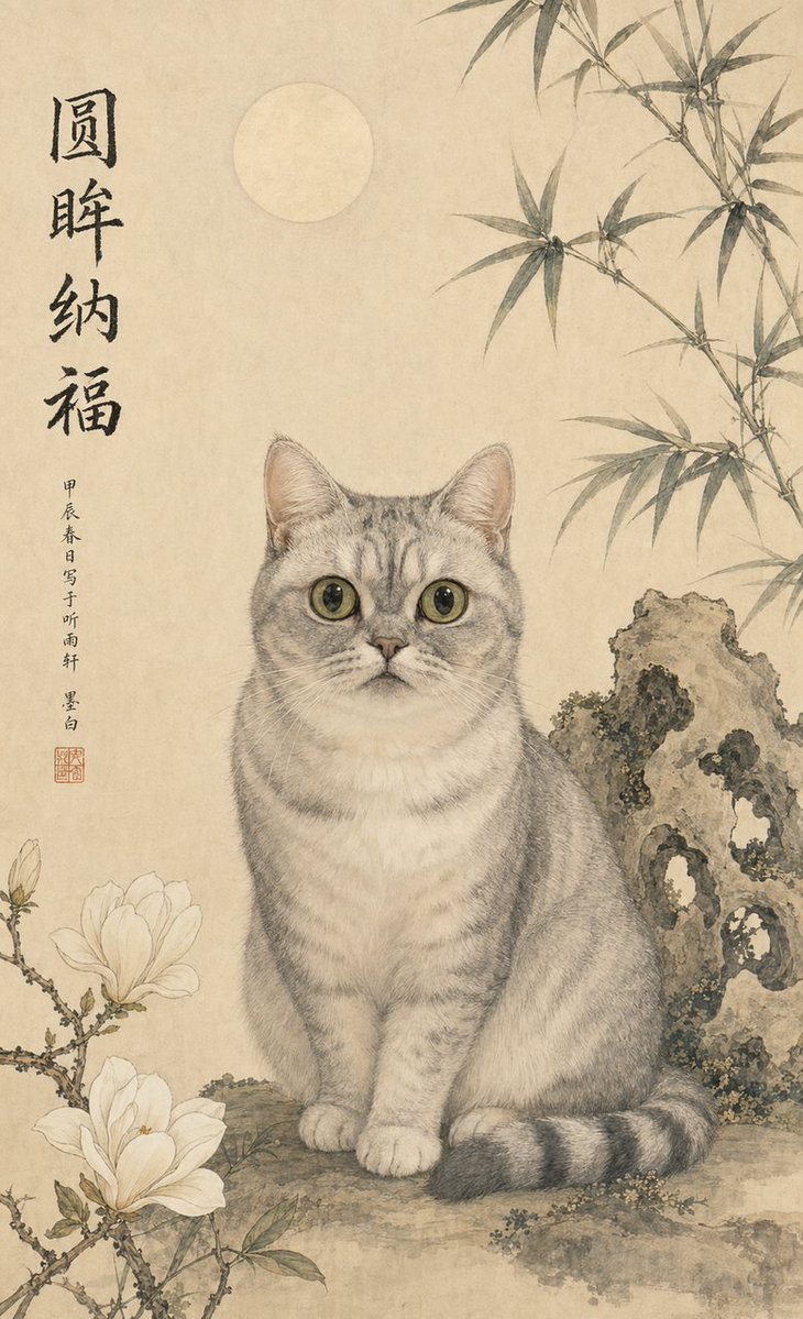 Classical Chinese Pet Portrait GPT Image 2 prompt example: This prompt turns a pet photo into an elegant traditional Chinese painting, ideal for creating poetic antique-style...