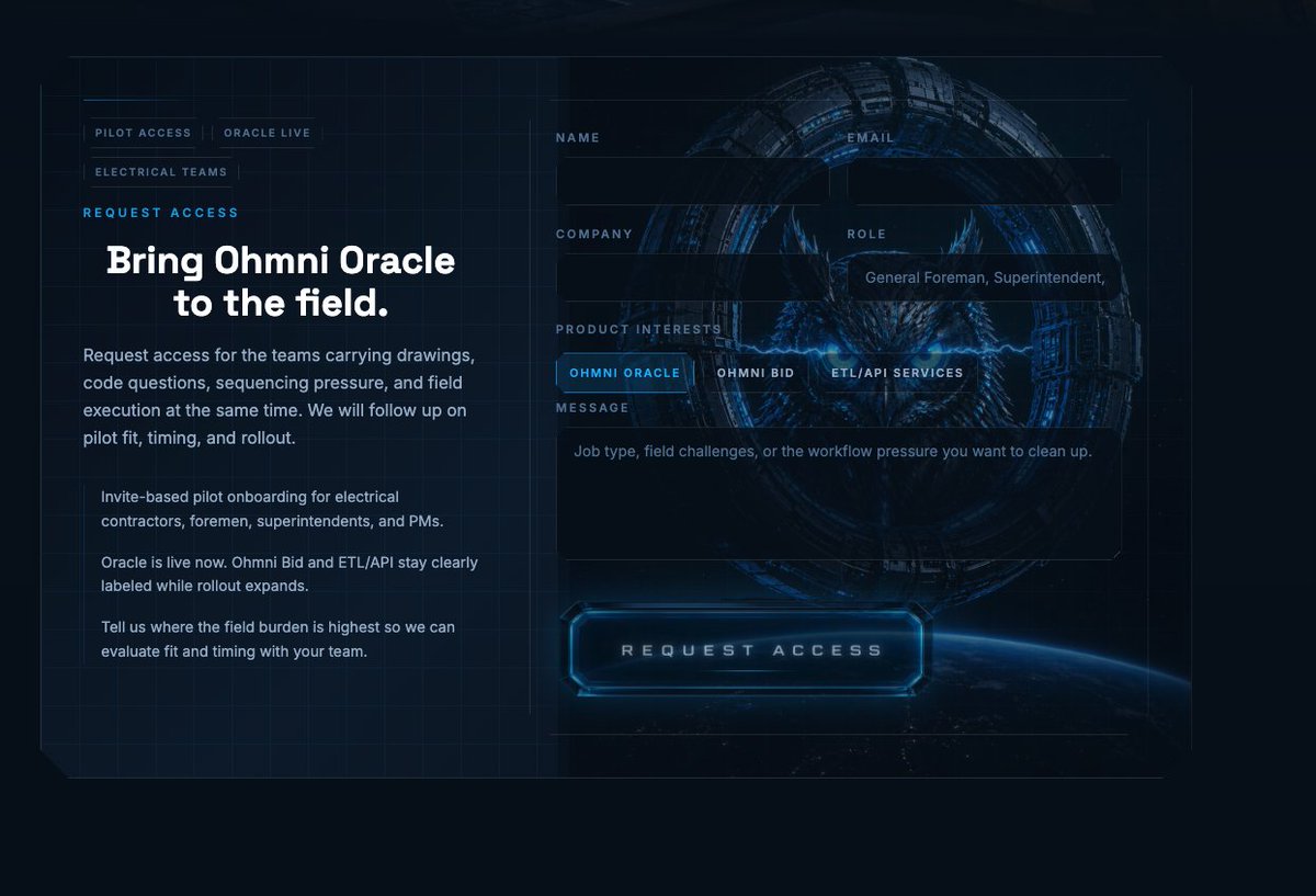 Futuristic Ohmni Access Landing Page Qwen Image 프롬프트 예시: This prompt generates a polished sci-fi website hero mockup for a product access request page, ideal for AI startup...