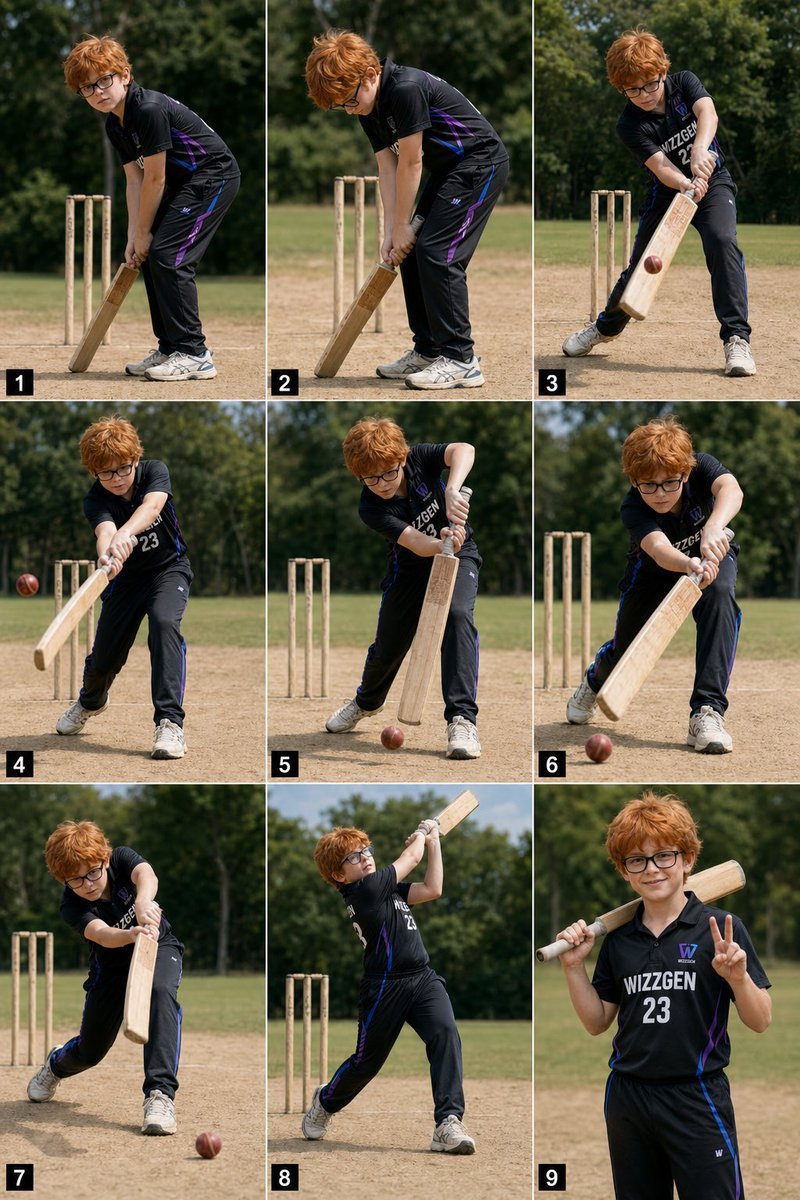 9-Panel Boy Cricket Action Collage Qwen Image prompt example: A photorealistic nine-panel collage showing a young boy in a black cricket uniform progressing from batting stance...