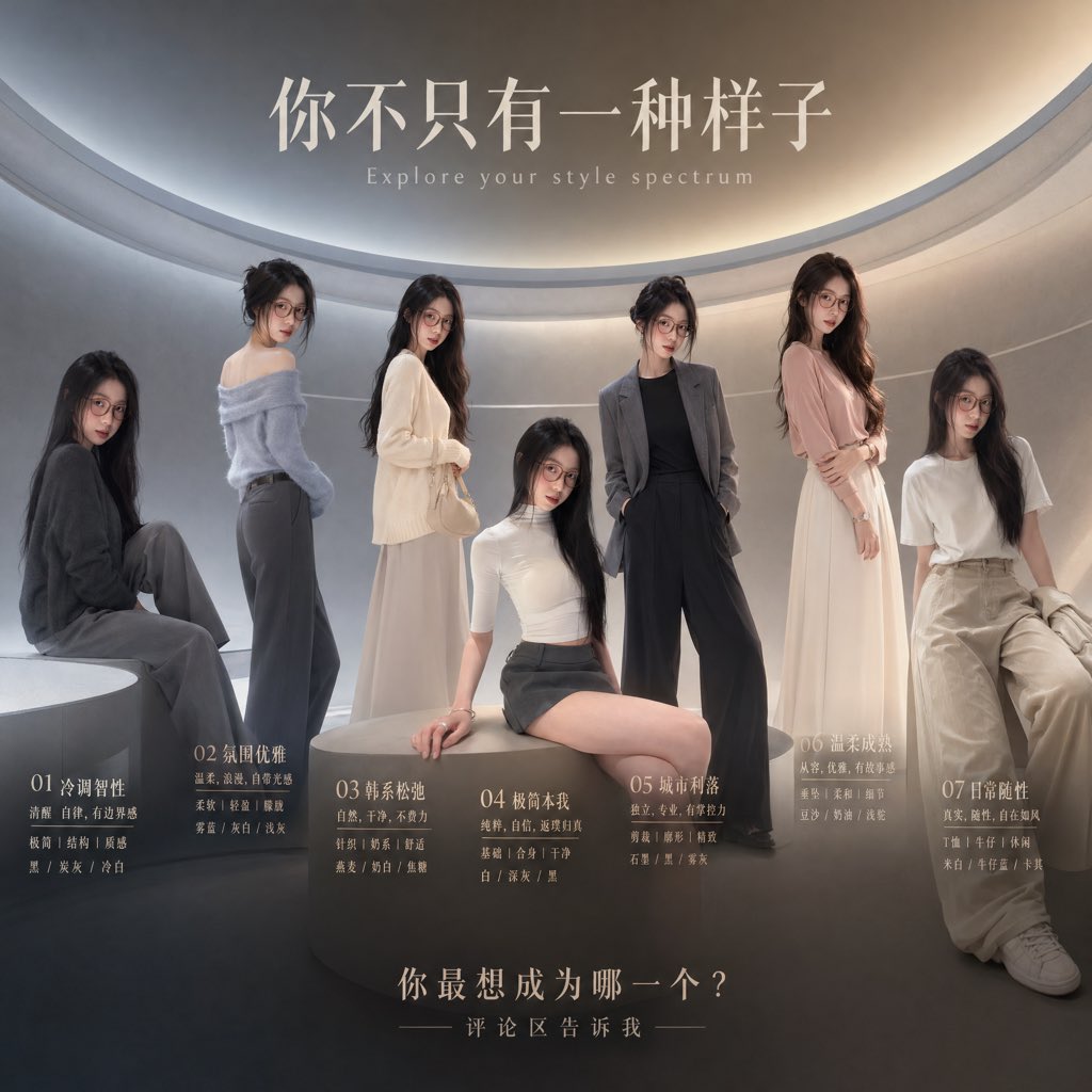 Fashion Style Spectrum Poster Qwen Image 프롬프트 예시: A luxury editorial poster showing seven different women's outfit personas in a futuristic showroom, ideal for style-guidance,...