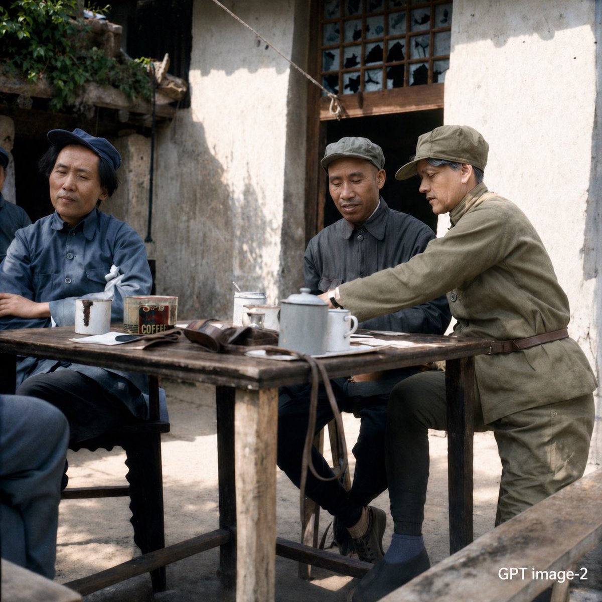 Mao-Era Courtyard Meeting Photo Qwen Image prompt example: This prompt generates a realistic historical photo of a small group in Mao-era clothing meeting at a wooden table in a...