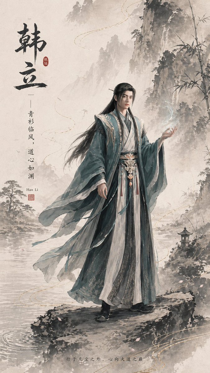 Ink-Wash Han Li Character Poster Qwen Image prompt example: This prompt generates a refined vertical Chinese fantasy poster of a lone immortal cultivator in an ink-wash mountain...