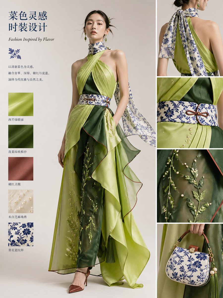 Dish-to-Couture Fashion Board GPT Image 2 prompt example: This prompt transforms a food photo into a high-end fashion editorial board, useful for generating couture designs...