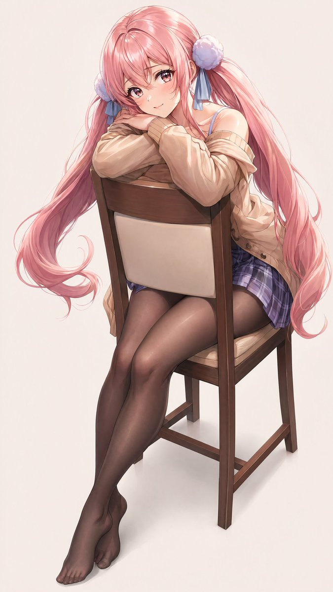 Pink Twin-Tail Anime Girl on Chair Qwen Image 프롬프트 예시: This prompt generates a polished full-body anime girl portrait seated backward on a chair, useful for character art,...