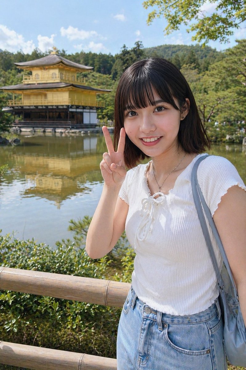 Kyoto Tourist Photo Edit Qwen Image prompt example: This prompt converts a reference portrait into a realistic vacation-style snapshot at Kinkaku-ji, useful for travel photo...