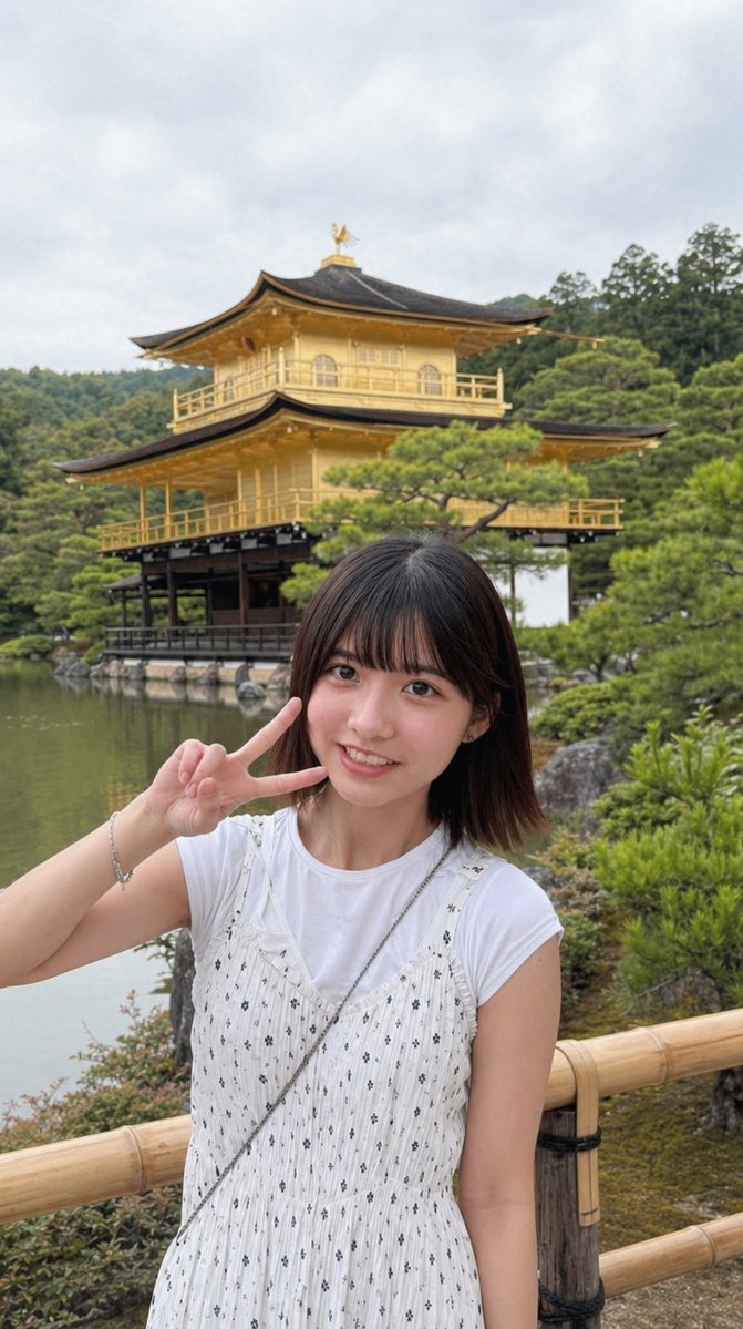 Arcade Portrait to Kyoto Travel Photo Qwen Image 프롬프트 예시: This prompt turns a casual indoor reference portrait into a realistic outdoor travel photo at Kinkaku-ji, useful for...
