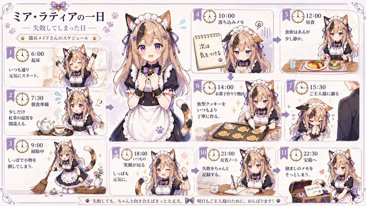 Cat Maid Daily Schedule Infographic Qwen Image prompt example: A pastel anime poster-style infographic showing a cat-eared maid's mistake-filled day as a cute character reference...