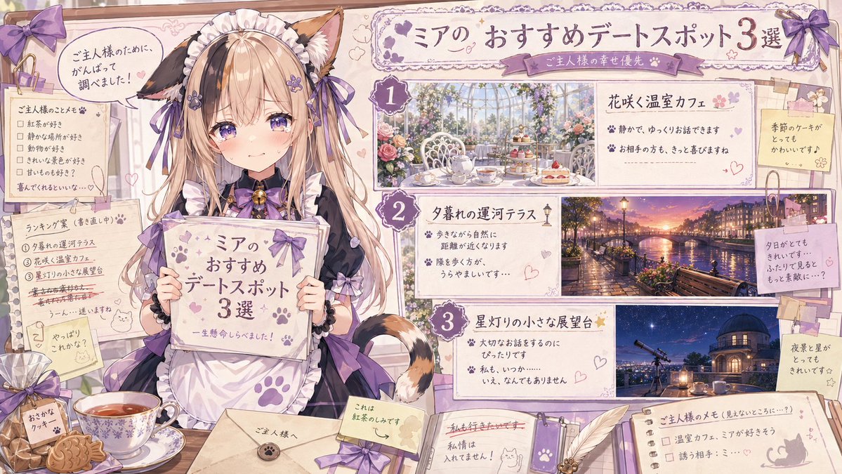 Catmaid Date Spot Recommendation Board Qwen Image prompt example: A pastel anime planning-board illustration of a cat-eared maid presenting three romantic date spot ideas, ideal...