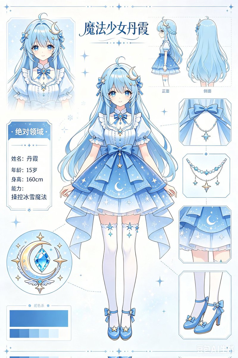 Blue Magical Girl Reference Sheet のQwen Imageプロンプト例: A polished anime character design sheet for a moon-and-ice magical girl, suitable for reference art, character setting pages,...