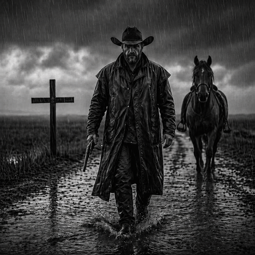 Rain-Soaked Dark Western Gunslinger 的 Qwen Image 提示词示例图：This prompt generates a cinematic monochrome western portrait scene, ideal for moody poster art, album covers, or dramatic...