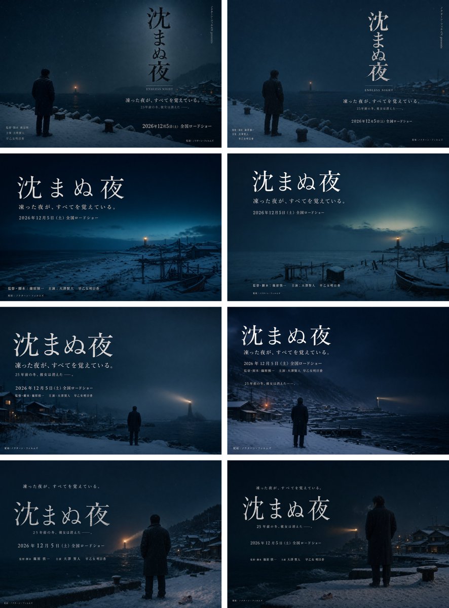 Snowy Japanese Film Poster Grid のQwen Imageプロンプト例: Generates an eight-panel concept sheet of cinematic Japanese movie poster variations set in a frozen coastal village at night,...