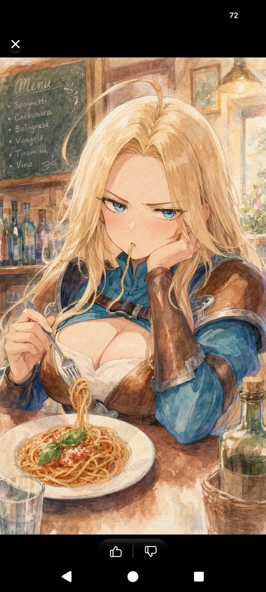Watercolor Fantasy Heroine at Pasta Cafe のQwen Imageプロンプト例: This prompt generates a romantic shoujo manga-style watercolor portrait of a fantasy armored woman eating spaghetti in...