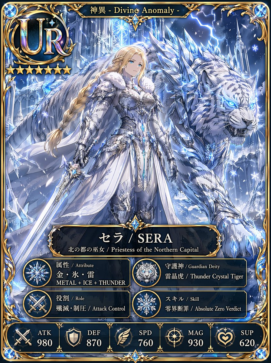 UR Ice Priestess Fantasy Card 的 Qwen Image 提示词示例图：A premium gacha-style fantasy character card featuring an armored ice priestess and her crystal tiger guardian, ideal for...