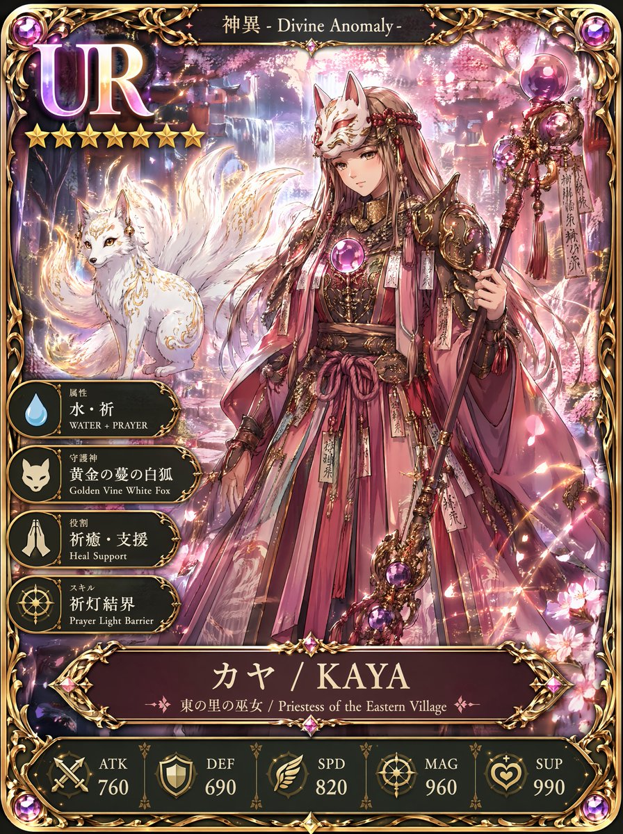 UR Fox Priestess Fantasy Card のQwen Imageプロンプト例: This prompt generates a premium ultra-rare anime-style fantasy character card, ideal for gacha game mockups, collectible card...