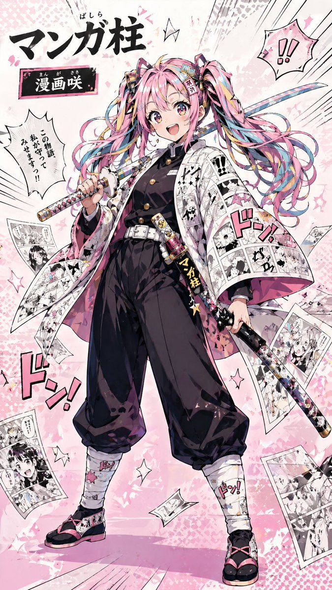 Manga Pillar Anime Character Poster GPT Image 2 prompt example: A dramatic full-body anime poster of a manga-themed swordswoman, ideal for character sheets, splash art, and...