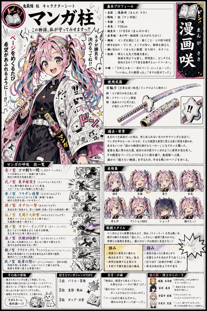 Manga Pillar Anime Character Poster GPT Image 2 prompt example variation 2: A dramatic full-body anime poster of a manga-themed swordswoman, ideal for character sheets, splash...