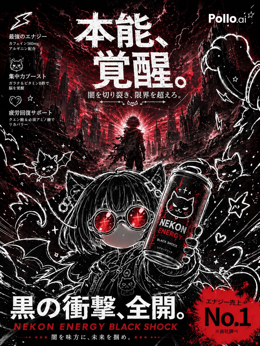 Dark Anime Energy Drink Poster Qwen Image 프롬프트 예시: A high-impact Japanese-style commercial poster showing a gothic chibi mascot and a black energy drink can in a red cyberpunk...