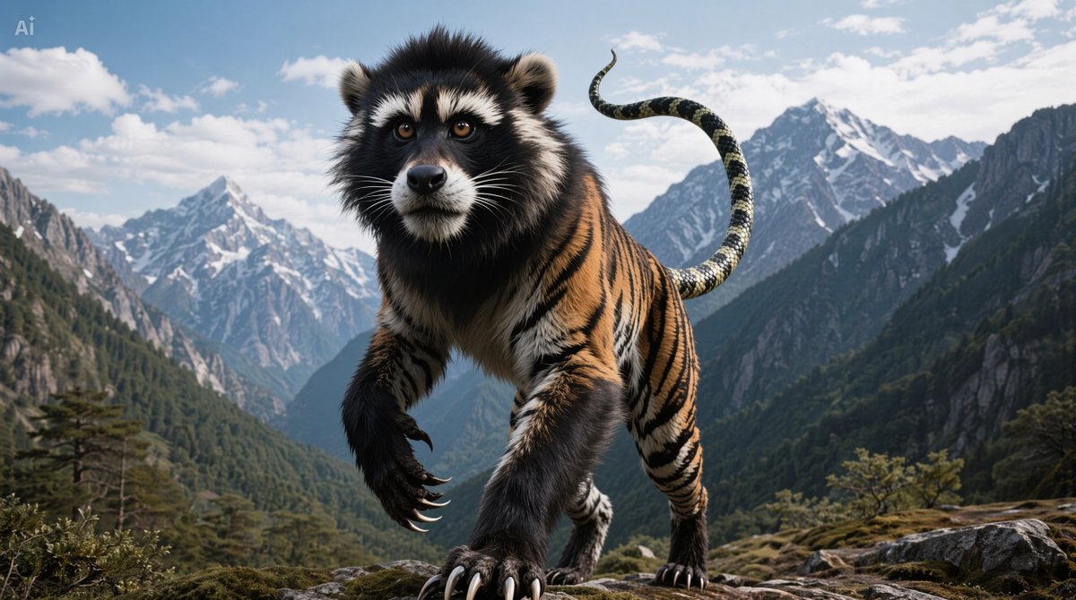 Photoreal Nue on Alpine Cliff Qwen Image prompt example: Generates a cinematic photoreal fantasy wildlife image of a nue-like yokai creature stalking across a high mountain...