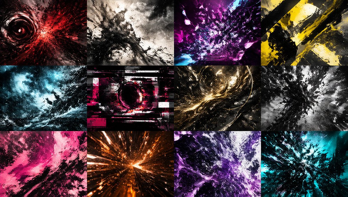 Abstract Energy Burst Grid Qwen Image prompt example: A 12-panel abstract art collage of explosive cosmic, glitch, and paint-splatter energy compositions, ideal for moodboards,...