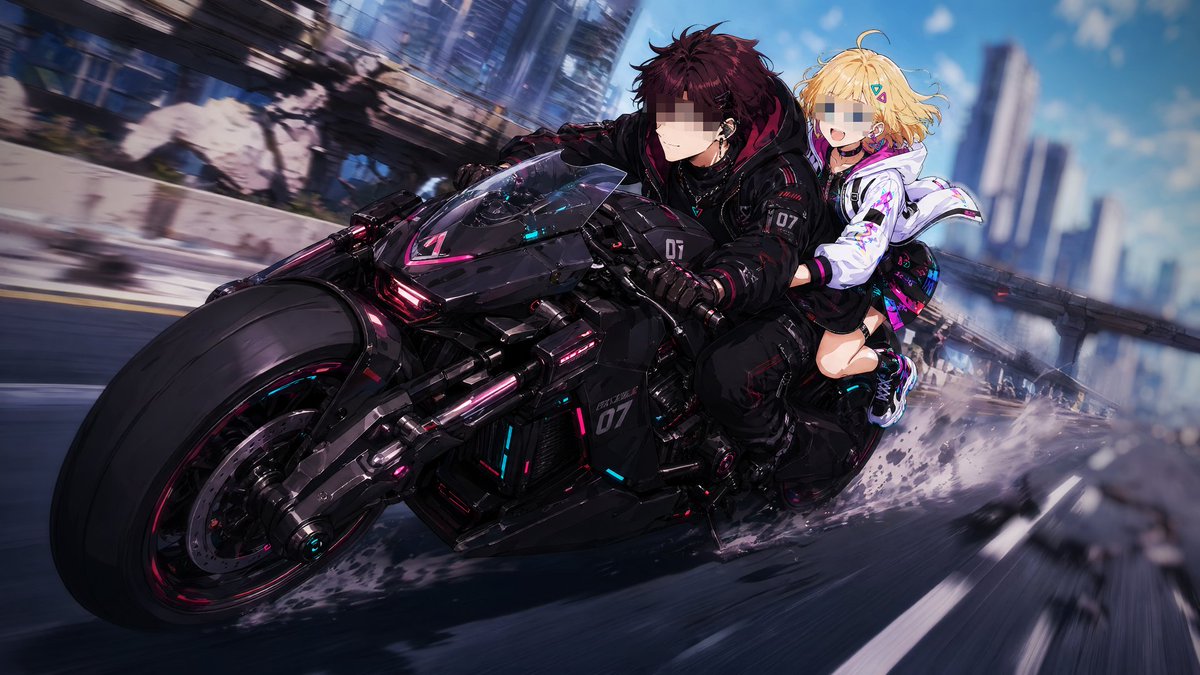 Cyberpunk Tandem Motorcycle Chase Qwen Image 프롬프트 예시: This prompt generates a high-speed anime illustration of two riders on a futuristic motorcycle, ideal for showcasing dynamic...