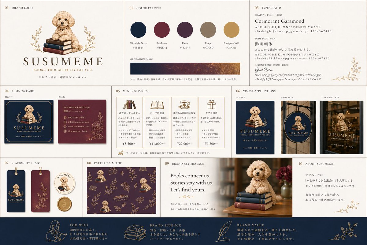 Bookstore Brand Board with Poodle Mascot Qwen Image 프롬프트 예시 변형 2: A refined bookstore brand identity sheet showing logo design, palette, typography, stationery, service cards,...