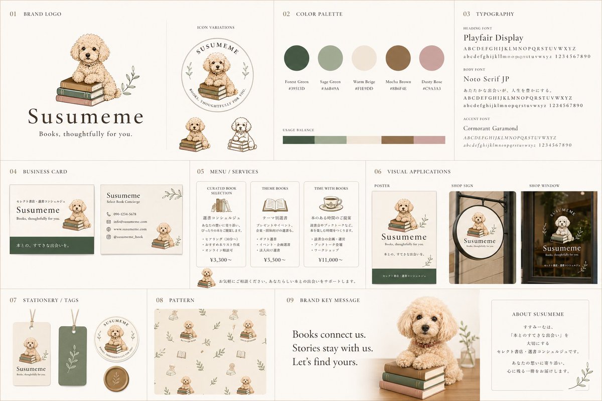Bookstore Brand Board with Poodle Mascot Qwen Image 프롬프트 예시: A refined bookstore brand identity sheet showing logo design, palette, typography, stationery, service cards, and...