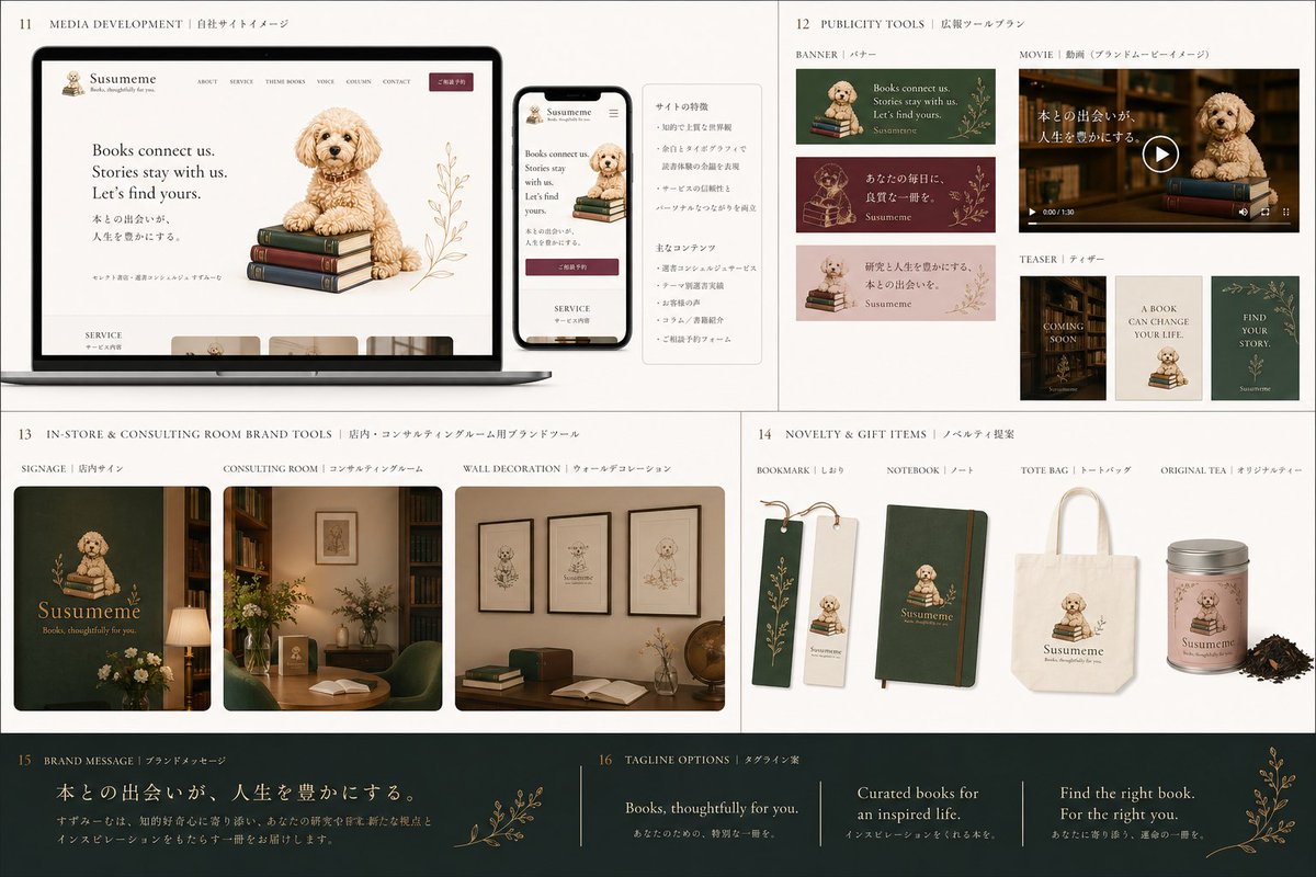 Bookstore Brand Board with Poodle Mascot Qwen Image 프롬프트 예시 변형 3: A refined bookstore brand identity sheet showing logo design, palette, typography, stationery, service cards,...