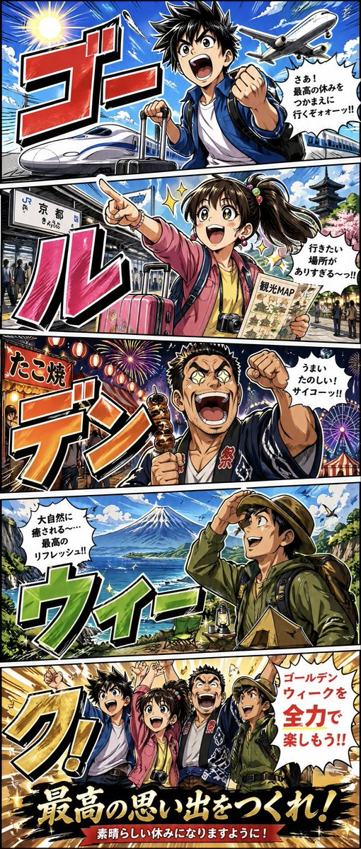 Golden Week Manga Travel Poster Qwen Image prompt example: A bold vertical manga-style poster celebrating Golden Week with five comic panels showing transportation, sightseeing,...