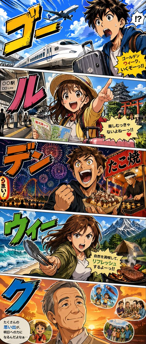 Golden Week Manga Travel Poster Qwen Image prompt example variation 2: A bold vertical manga-style poster celebrating Golden Week with five comic panels showing transportation,...