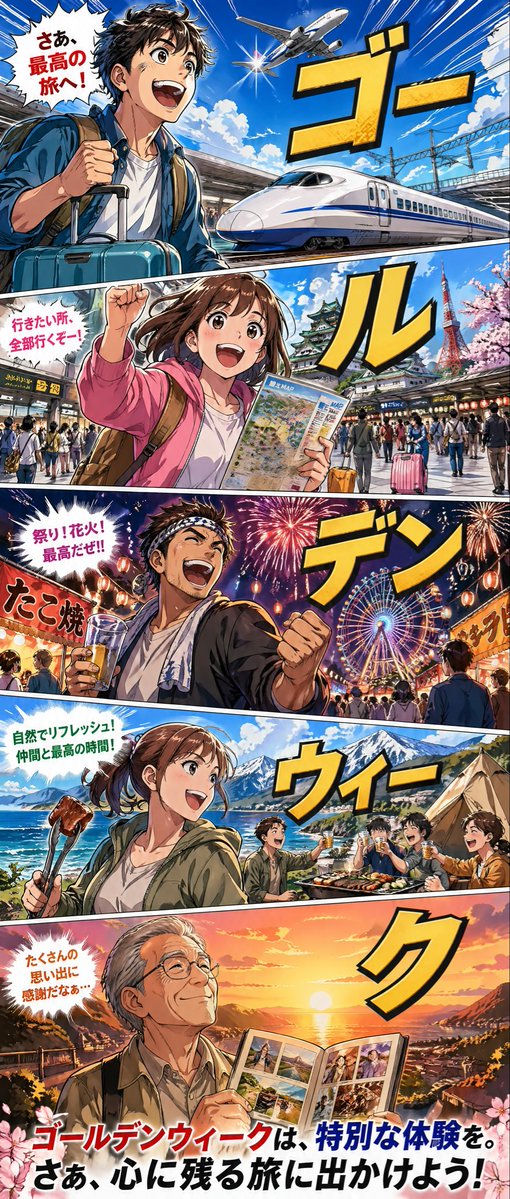 Golden Week Manga Travel Poster Qwen Image prompt example variation 3: A bold vertical manga-style poster celebrating Golden Week with five comic panels showing transportation,...