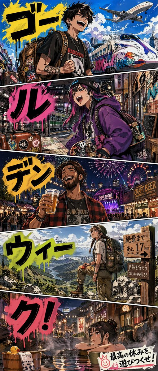 Golden Week Manga Travel Poster Qwen Image prompt example variation 4: A bold vertical manga-style poster celebrating Golden Week with five comic panels showing transportation,...