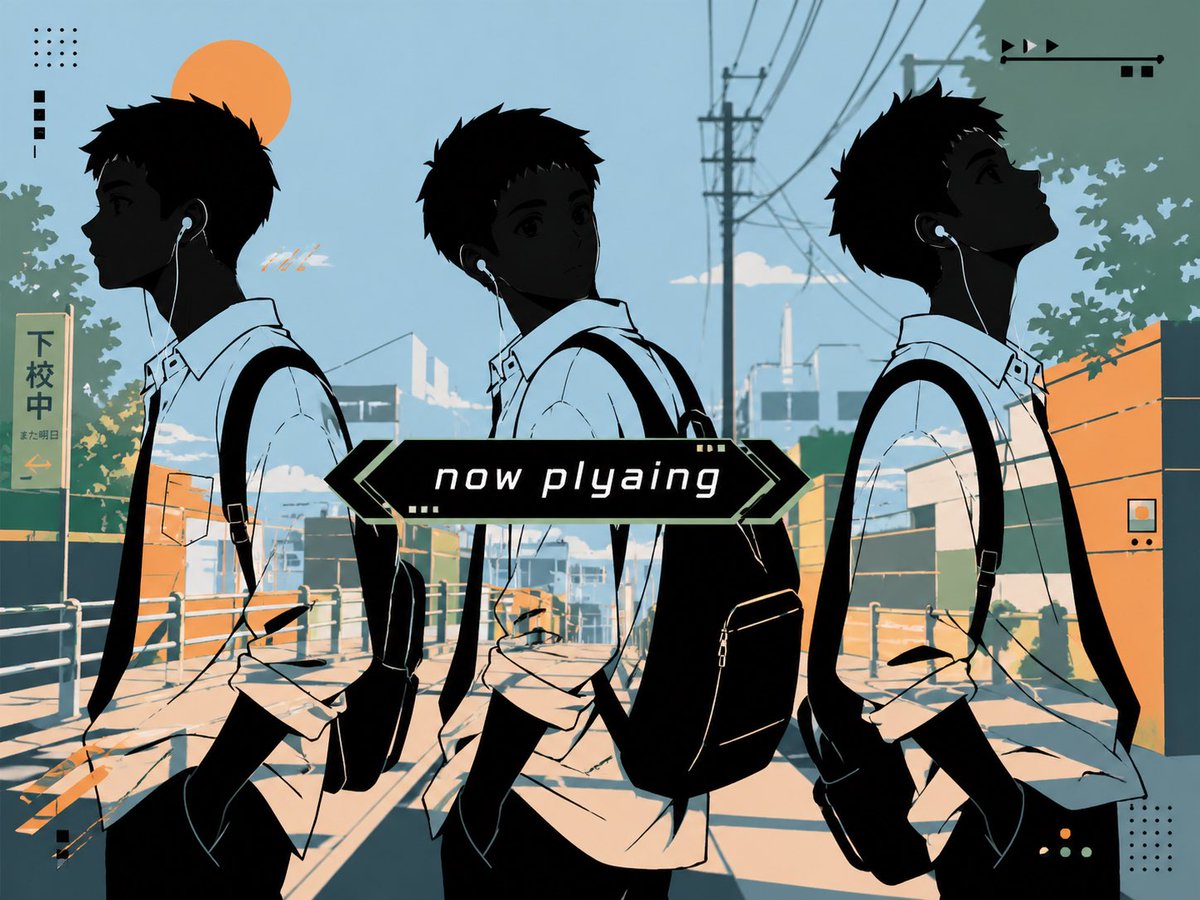 Anime Lo-Fi Now Playing Schoolboys Qwen Image 프롬프트 예시: This prompt generates a stylish anime-inspired lo-fi now-playing graphic with three silhouetted schoolboys on a Japanese...