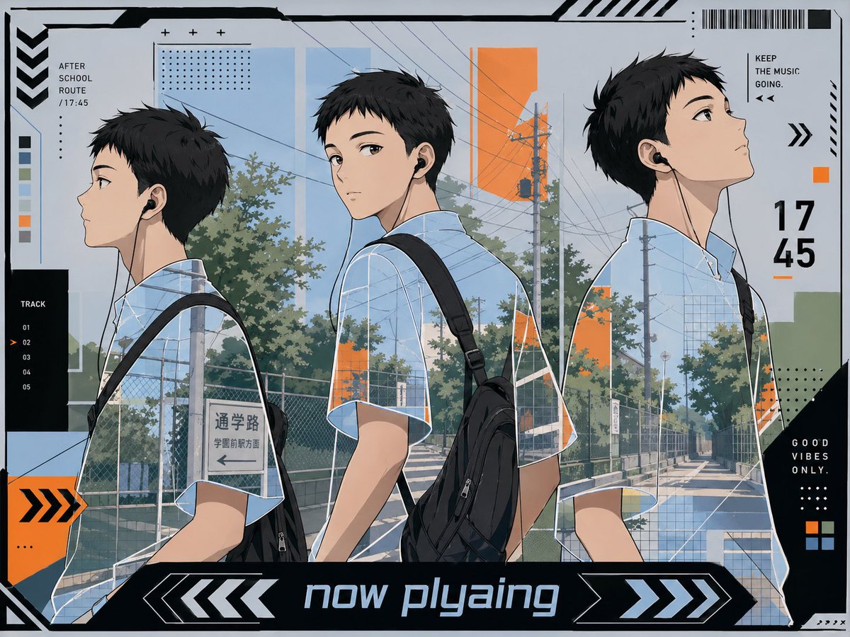 Anime Now Playing School Route Poster Qwen Image 프롬프트 예시: This prompt generates a sleek anime-style music poster featuring a handsome schoolboy on an after-school walk with...