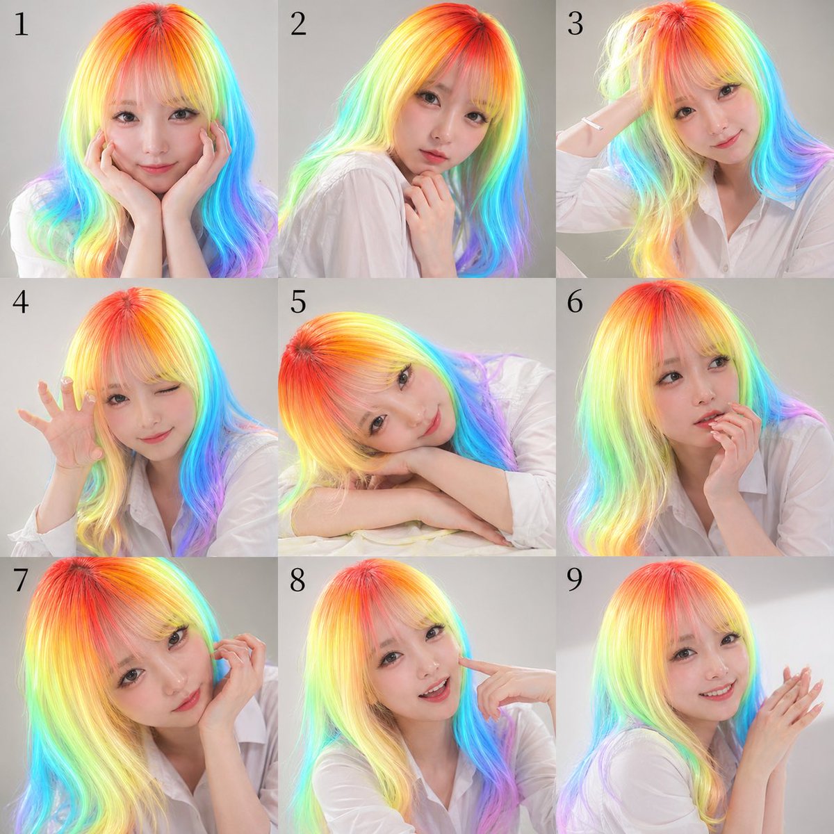 Nine-Panel Rainbow Hair Portrait Sheet GPT Image 2 prompt example: This prompt generates a 9-image studio portrait contact sheet of one subject in varied poses, useful for...