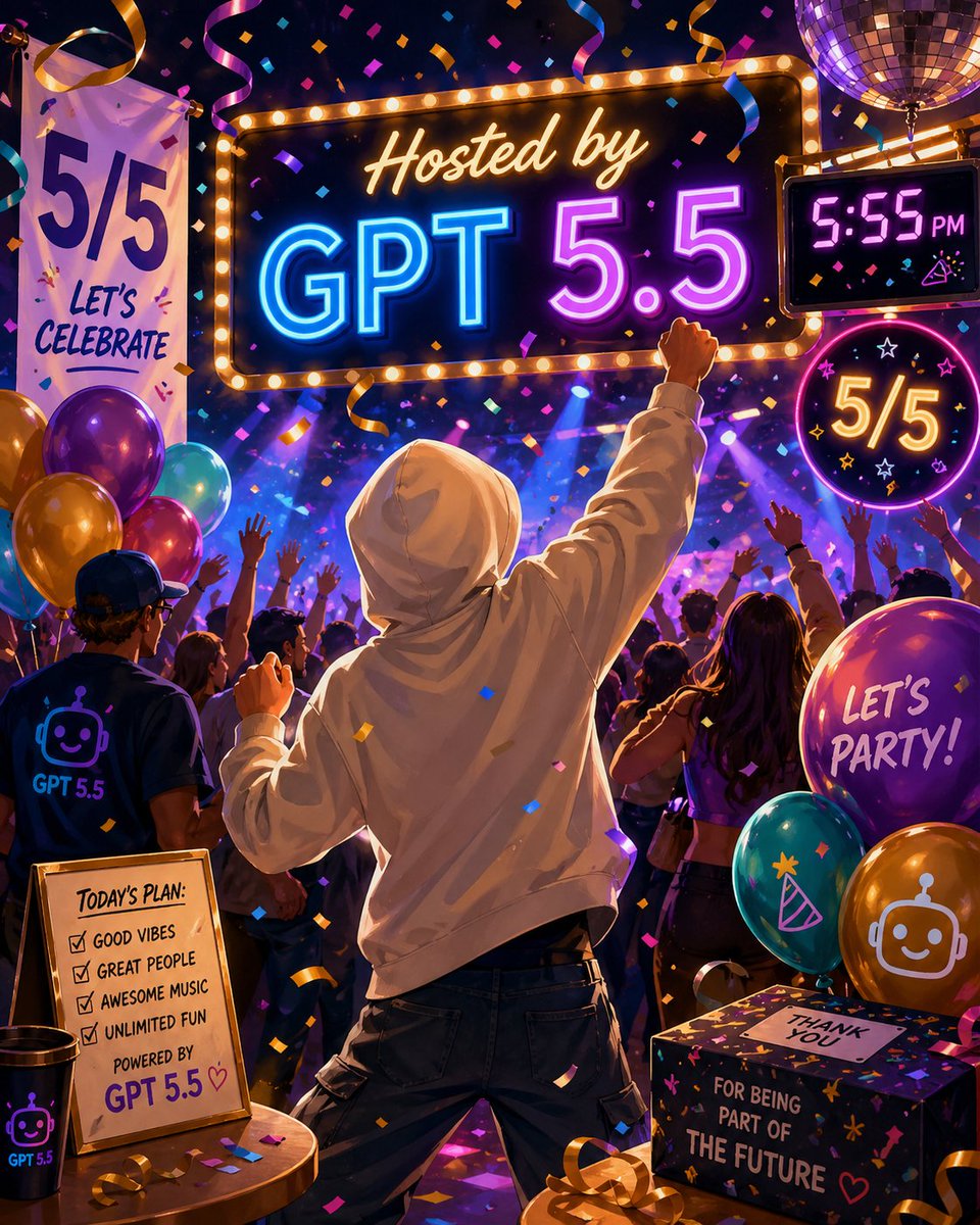 Neon GPT 5.5 Celebration Party 的 Qwen Image 提示词示例图:A colorful event-poster illustration of a crowded neon-lit party celebrating GPT 5.5, ideal for launch announcements, social...