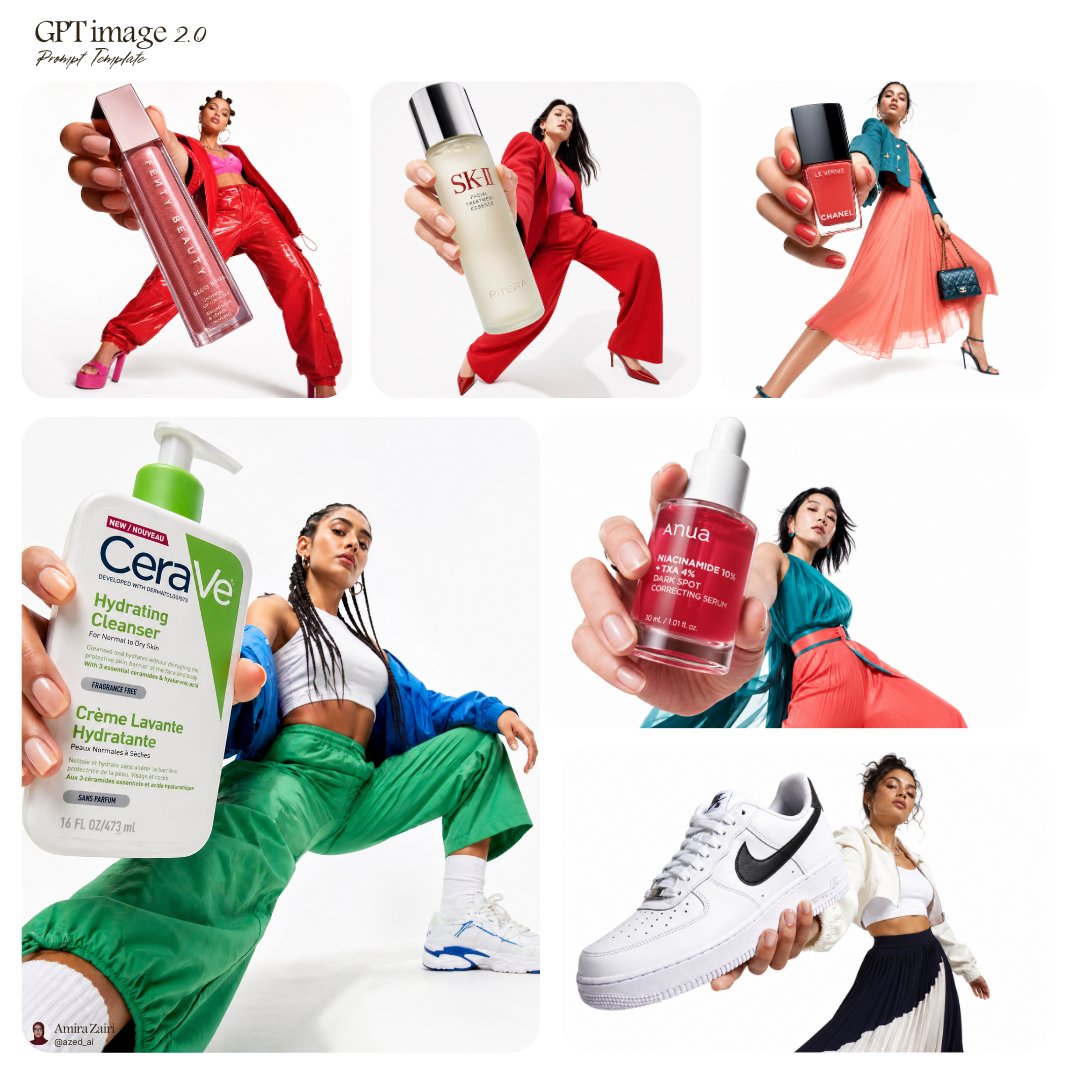 Fashion Product Campaign Collage GPT Image 2 prompt example: A polished editorial-style collage of six oversized product-and-model ad compositions, ideal for beauty, skincare,...