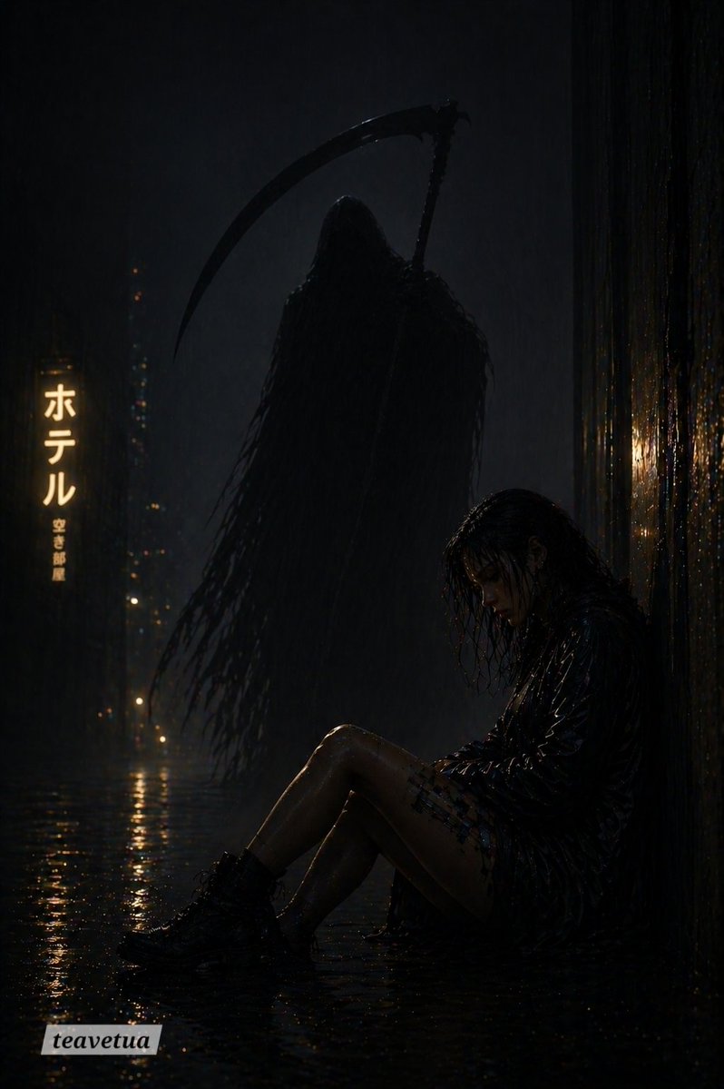 Rainy Alley Grim Reaper Horror Scene のQwen Imageプロンプト例: A moody cinematic horror image of a soaked woman in a neon-lit alley with a looming grim reaper, suited for dark thriller...