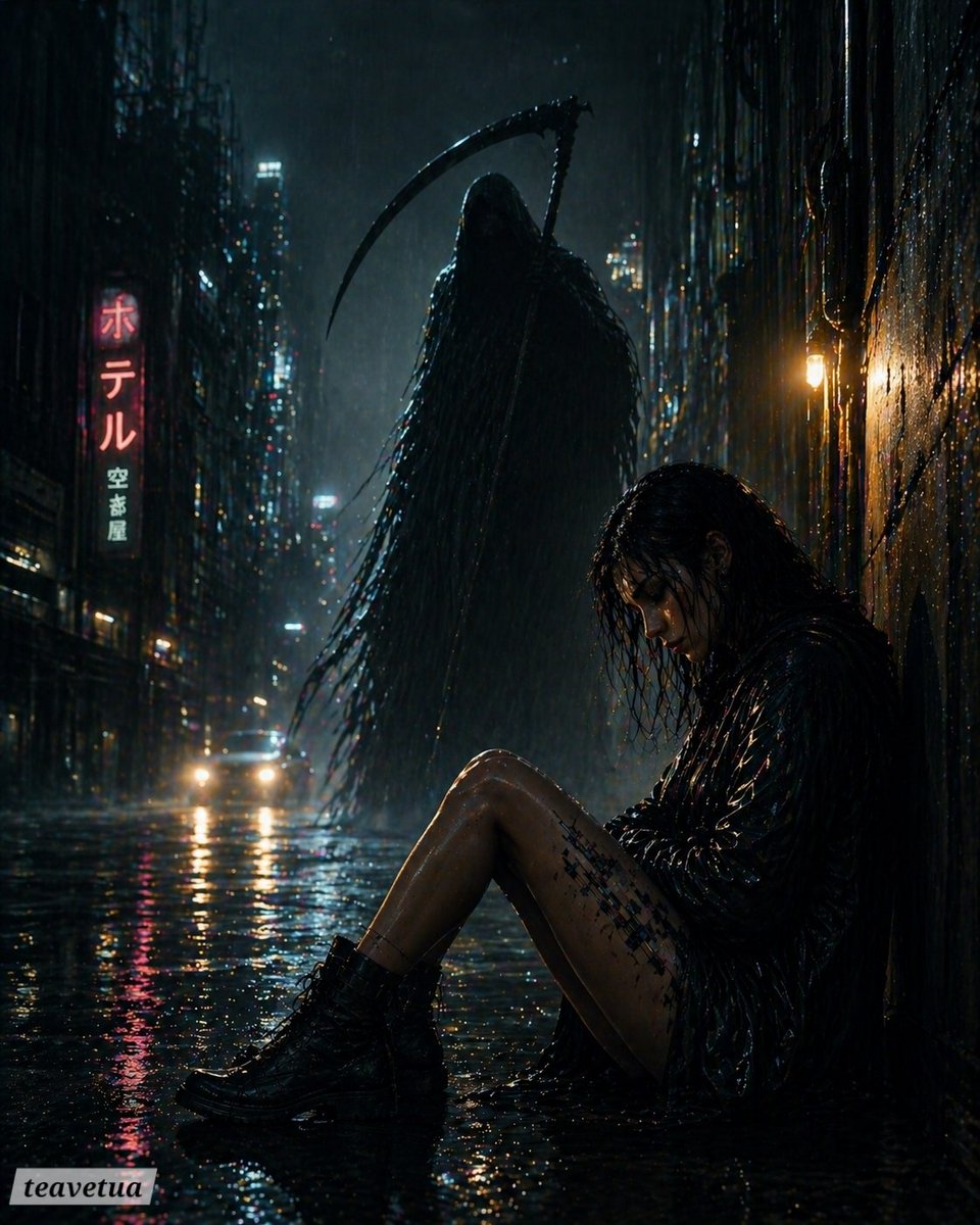 Rainy Alley Grim Reaper Horror Scene のQwen Imageプロンプト例 バリエーション 3: A moody cinematic horror image of a soaked woman in a neon-lit alley with a looming grim reaper, suited for dark...